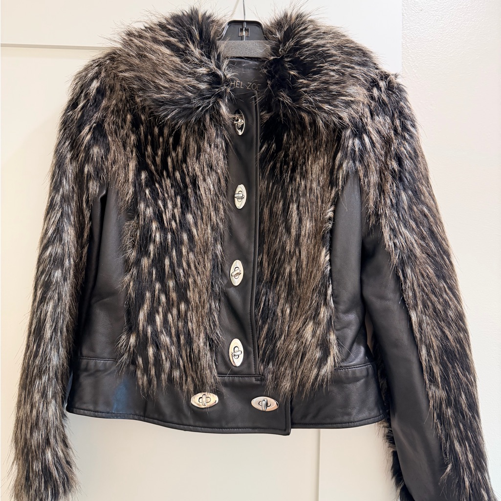 Rachel Zoe Black Leather Jacket With Faux Fur Trim